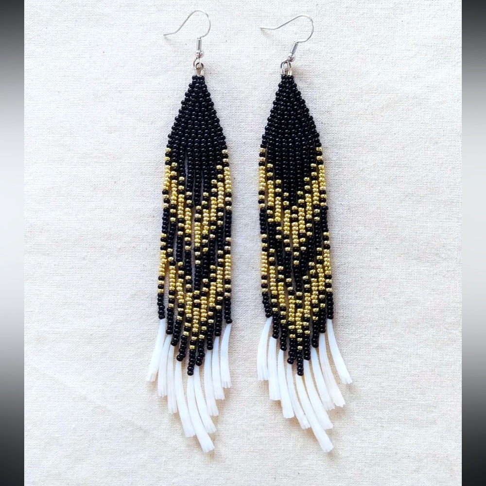 Black and Gold Dentalium Fringe Indigenous Beaded Earrings